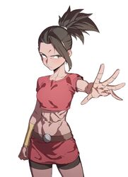  1girls abs athletic_female belly_button black_hair bracelet brown_eyes dark_skin dragon_ball dragon_ball_super dragon_ball_z incoming_attack jewelry kale looking_at_viewer navel ponytail red_shorts saiyan saiyan_girl shorts t-shirt zquung 