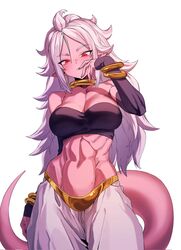  1girls android_21 arabian_clothes athletic_female belly_button big_breasts bracelet dragon_ball dragon_ball_fighterz dragon_ball_z elf_ears harem_outfit jewelry looking_at_viewer majin_android_21 monster_girl navel pink_body pink_skin pointy_ears red_eyes spiked_hair spiky_hair tail very_long_hair white_hair zquung 