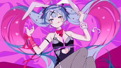  1girl :q absurdres ace_(playing_card) ace_of_hearts ahoge animal_ears bedsheets black_earrings black_leotard blue_eyes blue_hair blush bowtie breasts broken_heart card clothing_cutout collarbone colored_inner_hair copyright_notice cuffs earrings eyebrows eyebrows_visible_through_hair fishnets hair_ornament hairclip halftone halftone_dots handcuffs hatsune_miku headband heart_cutout heart_hair_ornament heart_hairband hearts leotard looking_at_viewer multicolored_hair mv_character nail_polish o-ring o-ring_thigh_strap official_art omutatsu pink_bed_sheet pink_bowtie pink_hair pink_pupils pink_ribbon pink_theme playboy_bunny playing_card purple_theme rabbit_ears rabbit_hole_(deco*27/caststation) rabbit_hole_(vocaloid) red_nail_polish red_nails ribbons small_breasts solo teardrop_facial_mark thigh_strap tongue tongue_out twintails twitter_link twitter_username very_long_hair vocaloid white_headband x_hair_ornament 