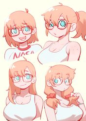  1girls alternate_hairstyle bracelet cleavage colo double_ponytail eyebrows_visible_through_hair female freckles glasses grabbing_own_hair long_hair looking_at_another looking_at_viewer original ponytail rita_(colo) shirt short_hair sketch sketch_page sweet_hex tank_top torso_shot 