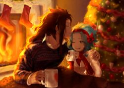  1boy ;d black_hair blue_hair blurry blurry_background bow brown_eyes christmas_tree collarbone commentary_request ear_piercing fairy_tail female fire gajeel_redfox hairband hairbow highres jacket jewelry kissing kissing_forehead ksmile1313 levy_mcgarden long_hair long_sleeves one_eye_closed open_mouth piercing print_sweater red_bow red_hairband red_sweater ring short_hair sitting smile straight sweater under_covers wedding_ring white_jacket 