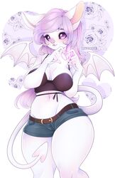  2019 5_fingers absurd_res anthro bat big_breasts black_sclera breasts cleavage clothed clothing female fingers fur hair heart_symbol hi_res long_hair looking_at_viewer mammal midriff navel niucniuc purple_eyes purple_hair solo standing thick_thighs white_body white_fur wide_hips wings 