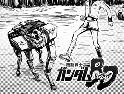  1boy belt bigdog boston_dynamics car commentary_request earth_federation greyscale gundam kicking mecha mobile_suit_gundam monochrome motor_vehicle non-humanoid_robot parody reverse-jointed_legs robot rx-78-2 sakkan translated uniform walker_(robot) what 