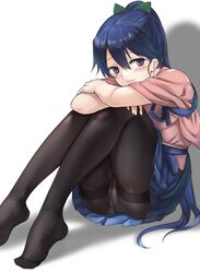  ass blue_hair commentary_request crotch_seam female fukuroumori houshou_(kancolle) japanese_clothes kantai_collection kimono no_shoes panties panties_under_pantyhose pantyhose ponytail purple_eyes sitting smile solo thighband_pantyhose underwear 