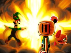  bomberman bomberman_(species) digital_media_(artwork) explosion group hudson_soft human kirby kirby_(series) konami looking_at_viewer luigi machine male mammal mario_bros nintendo not_furry robot thewill 