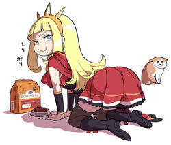  all_fours blonde_hair blue_eyes cagliostro_(granblue_fantasy) canine circlet commentary_request constricted_pupils eating female food food_on_face granblue_fantasy long_hair looking_back pet_food shadow solo thighhighs white_background yoshino_norihito 