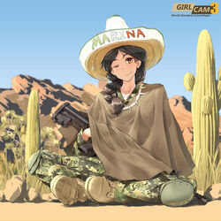  assault_rifle black_hair braid cactus camouflage commentary_request day female girlcam_(tanto) gun hat highres indian_style knee_pads mexico on_ground one_eye_closed orange_eyes outdoors photoshop_(medium) poncho rifle sig_516 sig_sauer sitting solo sombrero tanto_(tc1995) weapon 