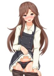  arashio_(kancolle) arashio_kai_ni_(kancolle) ass_visible_through_thighs black_panties blush bow bow_panties brown_eyes brown_hair clothes_lift clothes_pull collarbone commentary_request dress dress_lift dress_shirt female kantai_collection linfa_(futari_midara) lingerie long_hair long_sleeves looking_at_viewer open_mouth panties pantyhose pantyhose_pull pinafore_dress school_uniform shirt sleeveless sleeveless_dress smile solo underwear white_shirt 