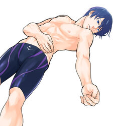  1boy black_hair blue_eyes free! looking_at_viewer lying male_focus nanase_haruka_(free!) nipples short_hair swim_trunks toned topless white_background 