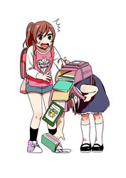  2girls ^^^ aged_down backpack bag bang_dream! black_legwear blue_dress book brown_hair commentary_request dress dropping full_body grey_eyes grey_hair holding_strap imai_lisa kneehighs leaning_forward mary_janes minato_yukina multiple_girls murata_(igaratara) one_side_up open_bag picking_up pink_shirt ponytail pouch print_shirt raglan_sleeves randoseru shirt shoes short_shorts shorts sidelocks simple_background sneakers socks wavy_mouth white_background white_socks 