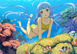  :o absurdres alternate_costume barefoot bikini blue_hair brown_eyes butterflyfish clownfish collarbone commentary coral coral_reef diving english_commentary feet female fish flat_chest floating_hair freediving full_body head_tilt highres light_blue_hair long_hair looking_to_the_side open_mouth polka_dot polka_dot_bikini sea_anemone solo swimsuit tomato_(lsj44867) tropical_fish twintails underwater very_long_hair vocaloid xingchen yellow_bikini 