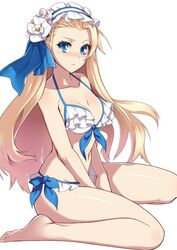  :&lt; bad_id bad_twitter_id barefoot between_legs bikini blonde_hair blue_eyes blush breasts female flower hair_ornament hairband highres large_breasts long_hair looking_at_viewer navel noah_(p&amp;d) puuzaki_puuna puzzle_&amp;_dragons rose side-tie_bikini_bottom simple_background sitting solo swimsuit v_arms wariza white_background white_bikini white_flower white_rose 