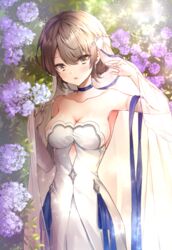  bare_shoulders blue_choker blue_ribbon blurry blurry_background blush breasts brown_eyes brown_hair choker cleavage collarbone commentary cutout_above_navel depth_of_field dress female flower girls&#039;_frontline hair_between_eyes hands_up head_tilt looking_at_viewer medium_breasts melings_(aot2846) official_alternate_costume parted_lips purple_flower revision ribbon see-through short_hair solo standing strapless strapless_dress vector_(ardent_devotion)_(girls&#039;_frontline) vector_(girls&#039;_frontline) veil white_dress 