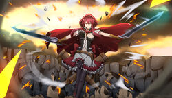  breasts dual_wield hood kyoukyan red_eyes red_hair sword 