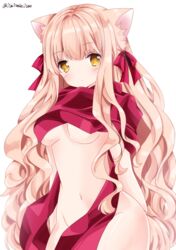  animal_ears bad_id bad_pixiv_id blonde_hair blush breasts cat_ears closed_mouth commentary_request female groin long_hair looking_at_viewer medium_breasts naked_scarf nanase_kureha nanase_nao navel original purple_scarf scarf simple_background solo twitter_username underboob very_long_hair white_background yellow_eyes 