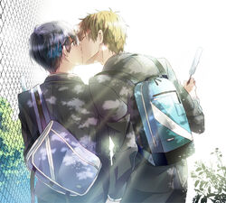  2boys backpack bag closed_eyes free! ice_cream kissing male_focus mina_(o414) multiple_boys nanase_haruka_(free!) outside school_uniform short_hair tachibana_makoto yaoi 