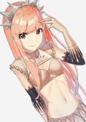  blush breasts brown_eyes cleavage_cutout closed_mouth clothing_cutout commentary_request crop_top elbow_gloves fate/grand_order fate_(series) female gloves long_hair looking_at_viewer medb_(fate) navel pink_hair simple_background skirt small_breasts smile solo sterilizedgauze-qhx swept_bangs tiara white_gloves white_skirt 