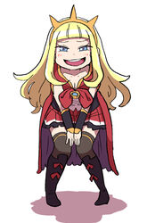  bent_over blonde_hair blue_eyes blunt_bangs blush boots breasts cagliostro_(granblue_fantasy) circlet cleavage commentary_request dot_nose female granblue_fantasy knee_boots knees_together_feet_apart leaning_forward long_hair looking_at_viewer open_mouth shadow sidelocks simple_background solo thighhighs white_background yoshino_norihito 