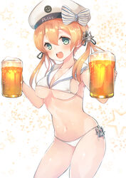  :d alcohol anchor_hair_ornament beer beer_mug bikini blonde_hair blue_eyes breasts commentary_request cosplay cup female hair_ornament hair_ribbon hat holding holding_cup kantai_collection large_breasts long_hair mug open_mouth peaked_cap prinz_eugen_(kancolle) ribbon sailor_bikini sailor_collar smile solo suzuho_hotaru swimsuit twintails underboob white_bikini white_hat z3_max_schultz_(kancolle) z3_max_schultz_(kancolle)_(cosplay) z3_max_schultz_(swimsuit_mode)_(kancolle) 