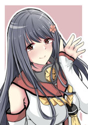  aga_marino alternate_costume bare_shoulders black_hair breasts cherry_blossoms collar commentary_request cosplay detached_sleeves female flower fusou_(kancolle) hair_flower hair_ornament kantai_collection large_breasts long_hair metal_collar red_eyes smile solo upper_body yamato_(kancolle) yamato_(kancolle)_(cosplay) 