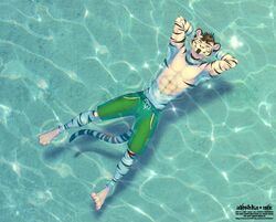  2019 4_toes alishka anthro avoid_posting barefoot biped closed_eyes clothed clothing digital_media_(artwork) edron_(mr-yiffy) feet felid lying male mammal on_back pantherine partially_submerged smile solo tiger toes topless water 