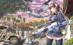  ahoge assault_rifle backpack bag black_hair black_thighhighs blue_eyes breasts bridge building cleavage cloud cloudy_sky commentary_request compensator female fn_scar fn_scar_17 gloves goggles goggles_around_neck ground_vehicle gun hase_yu humvee medium_breasts military motor_vehicle muzzle_device original outdoors pleated_skirt post-apocalypse rifle ruins school_uniform scope short_hair skirt sky solo thighhighs tiltrotor trigger_discipline twilight v-22_osprey weapon zettai_ryouiki 