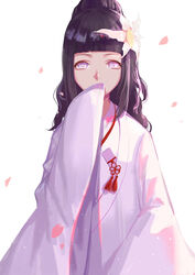  alternate_hairstyle byakugan chinese_commentary commentary_request female flower flower_knot hair_flower hair_ornament high_ponytail hyuuga_hinata japanese_clothes kimono long_hair looking_at_viewer naruto:_the_last naruto_(series) nho_(316784766) no_lineart no_pupils petals photoshop_(medium) purple_eyes purple_hair sleeves_past_fingers sleeves_past_wrists solo tassel uchikake white_kimono wide_sleeves 