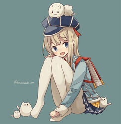  :d animal animal_on_head bad_id bad_pixiv_id bag blue_eyes blush cat_on_head collared_shirt eyebrows feline female fig_(happy_elements) hat last_period long_hair majoca_majoluna necktie on_head open_mouth pantyhose photoshop_(medium) pleated_skirt red_necktie sazuki_hina school_uniform shirt simple_background sitting skirt smile solo twitter_username white_pantyhose 