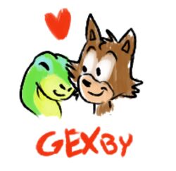  arlowa bubsy bubsy_(series) crossover duo gecko gex_(series) gex_the_gecko green_body green_scales heart_symbol lizard low_res reptile scales scalie thumbnail 