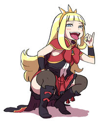  blonde_hair blue_eyes cagliostro_(granblue_fantasy) circlet commentary_request fellatio_gesture female granblue_fantasy long_hair looking_at_viewer shadow solo squatting thighhighs tongue tongue_out white_background yoshino_norihito 