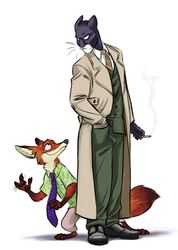  anthro blacksad canid canine cigarette claws clothing coat crossover disney domestic_cat duo faragonart felid feline felis footwear fox fur hi_res john_blacksad male mammal necktie nick_wilde red_fox shoes simple_background suit topwear true_fox white_background zootopia 