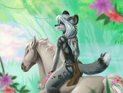  4:3 african_wild_dog ambiguous_gender anthro bare_back black_body black_fur black_nose blue_eyes canid canine canis day detailed_background domestic_dog duo enya_(littlemutt) equid equine female feral flower forest fur grey_body grey_fur hair horse little.sparrow mammal outside plant riding smile straddling traditional_media_(artwork) tree unimpressed white_body white_hair 