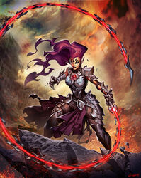  armor armored_boots armored_dress boots breastplate chains commentary darksiders darksiders_iii english_commentary female fury_(darksiders) gauntlets genzoman holding holding_weapon holding_whip long_hair no_pupils official_art photoshop_(medium) purple_hair weapon whip white_eyes 