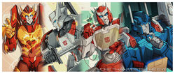  4boys autobot chinese_commentary commentary_request databook drift_(transformers) hand_on_own_chin highres insignia kdash mecha multiple_boys no_humans photoshop_(medium) ratchet_(transformers) robot rodimus science_fiction sword syringe the_transformers_(idw) transformers ultra_magnus weapon 