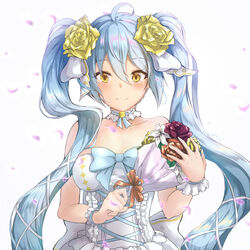  ahoge bare_shoulders blue_hair blue_ribbon blush bouquet breasts brown_ribbon cherry_blossoms choker collarbone commentary_request dress falling_petals female flower frilled_choker frilled_cuffs frilled_dress frills hair_between_eyes hair_flower hair_ornament hair_ribbon holding holding_bouquet king&#039;s_raid light_blue_hair lily_(flower) long_hair looking_at_viewer medium_breasts orange_flower orange_rose partial_commentary petals ponta_(velmar) red_flower red_rose ribbon rose sidelocks simple_background smile solo sonia_(king&#039;s_raid) standing strapless strapless_dress twintails upper_body very_long_hair wavy_hair wedding_dress white_background white_choker white_dress white_ribbon wrist_cuffs yellow_eyes yellow_flower yellow_rose 