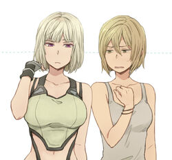  2girls bare_shoulders blonde_hair breast_envy breasts collarbone gloves irina_akulov large_breasts multiple_girls murderess navel purple_eyes short_hair tanktop upper_body white_hair xenoblade_chronicles_x yellow_eyes yoshiichi_(441) 