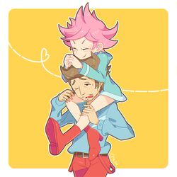  1boy artist_name belt bike_shorts boots brown_hair carrying closed_eyes duster_(mother) facial_hair female fingerless_gloves gloves heart hood hoodie kumatora messy_hair mother_(game) mother_3 one_eye_closed otoe_(milkyboy_inc.) pants pink_eyes pink_hair short_hair shoulder_carry simple_background 