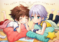  2boys aged_down aqua_eyes barefoot blush brown_hair child&#039;s_drawing closed_eyes commentary_request copyright_name grey_hair grin hair_between_eyes kingdom_hearts looking_at_another lying male_focus multiple_boys on_stomach photoshop_(medium) pillow riku_(kingdom_hearts) smile socks sora_(kingdom_hearts) white_legwear yuuhi_mika 