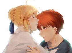  1boy ahoge ai_(blacktea_milk) artoria_pendragon_(fate) blonde_hair blue_ribbon blush braid braided_bun closed_eyes commentary_request emiya_shirou fate/stay_night fate_(series) female hair_bun highres orange_eyes orange_hair raglan_sleeves ribbon saber_(fate) short_hair straight white_background 