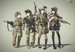  4girls adapted_uniform american_flag assault_rifle black_hair black_legwear blonde_hair blue_eyes brown_eyes brown_hair camouflage commentary_request full_body girlcam_(tanto) goggles goggles_on_headwear gradient_background grenade_launcher gun h&amp;k_ag36 handgun helmet highres holding holding_gun holding_weapon holster holstered knee_pads kneehighs load_bearing_vest locked_arms m4_carbine military military_uniform multiple_girls one_eye_closed photoshop_(medium) purple_eyes rifle shadow short_twintails silver_hair socks tanto_(tc1995) thighhighs twintails uniform weapon 