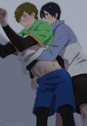  2boys black_hair blue_eyes blush brown_hair free! green_eyes male_focus multiple_boys nanase_haruka_(free!) short_hair shorts tachibana_makoto undressing yaoi 