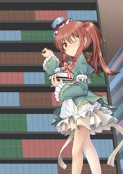  bare_legs book book_stack bookshelf ceiling commentary_request dress female flat_chest frilled_dress frills girls_symphony hat hazuki_mahiro holding holding_book josette_rameau_(girls_symphony) library long_hair long_sleeves looking_at_viewer looking_to_the_side mechanical_pencil one_eye_closed partial_commentary pencil puffy_long_sleeves puffy_sleeves red_eyes red_hair red_ribbon ribbon smile top_hat twintails 