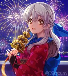  alpha_signature blush commentary_request female festival fire_emblem fire_emblem:_radiant_dawn fire_emblem_heroes fireworks grey_hair japanese_clothes kimono long_hair looking_at_viewer micaiah_(fire_emblem) micaiah_(hoshidan_summer)_(fire_emblem) miko nana_(nanalog76) official_alternate_costume ribbon simple_background smile solo staff twitter_username yellow_eyes 