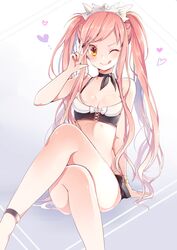  absurdres anklet bare_shoulders bati15 bikini bracelet breasts commentary_request crossed_legs fate/grand_order fate_(series) female heart highres jewelry licking_lips long_hair long_legs looking_at_viewer looking_to_the_side medb_(fate) medb_(swimsuit_saber)_(fate) medb_(swimsuit_saber)_(second_ascension)_(fate) medium_breasts one_eye_closed parted_lips pink_hair sitting smile solo swimsuit tiara tongue tongue_out v white_bikini yellow_eyes 