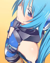  armor bare_shoulders blue_eyes blue_hair blue_leotard blush commentary_request covered_nipples elbow_gloves female flat_chest from_above from_side gloves hair_between_eyes leotard long_hair looking_at_viewer looking_to_the_side ore_twintail_ni_narimasu simple_background solo tailblue twintails very_long_hair yellow_background yuto_(dialique) 