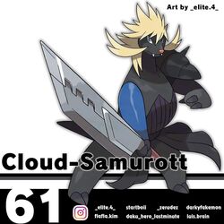  1:1 alternate_color anthro blonde_hair blue_eyes buster_sword cloud_stance cloud_strife cosplay elite.4 english_text fangs final_fantasy final_fantasy_vii generation_5_pokemon hair mammal melee_weapon mustelid nintendo pink_nose pokemon pokemon_(species) pokemorph samurott solo square_enix sword teeth text weapon 