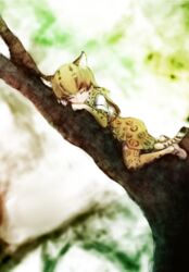  animal_ears blonde_hair closed_eyes commentary_request elbow_gloves extra_ears female gloves in_tree ise_(0425) kemono_friends ocelot_(kemono_friends) ocelot_print print_gloves print_skirt print_thighhighs skirt sleeping solo tail thighhighs tree 