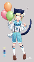  1boy animal_hat aqua_eyes balloon beanie blush cat_hat cat_tail commentary_request full_body grey_background hat kneehighs legwear_garter light_green_hair loafers looking_at_viewer male_focus midriff navel open_mouth original photoshop_(medium) sailor sailor_collar shoes shorts simple_background smile socks suspender_shorts suspenders tail white_legwear yuuhi_mika 