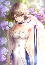  bare_shoulders blue_choker blue_ribbon blurry blurry_background blush breasts brown_eyes brown_hair choker cleavage collarbone cutout_above_navel depth_of_field dress female flower girls&#039;_frontline hair_between_eyes hands_up head_tilt looking_at_viewer md5_mismatch medium_breasts melings_(aot2846) official_alternate_costume parted_lips purple_flower ribbon see-through short_hair solo standing strapless strapless_dress vector_(ardent_devotion)_(girls&#039;_frontline) vector_(girls&#039;_frontline) veil white_dress 