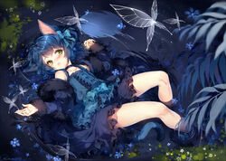  1boy ahoge animal_ears bangs bare_legs bare_shoulders black_hair blue_dress blue_hair blush bow bug butterfly buttons cat_ears cat_tail choker collarbone commission dress feet_out_of_frame floating floating_object flower frilled_dress frills fur_trim green_eyes hair_ornament hairbow hieihirai insects long_sleeves looking_at_viewer lying moon moonlight night on_back open_mouth outdoors partially_submerged plant reflecting_pool reflection ryoune_yami short_hair tail trap utau water 